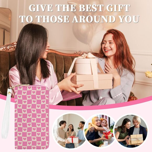 Pink plaid women's RFID blocking wristlet wallet, large capacity, zip around - Picture 7 of 7